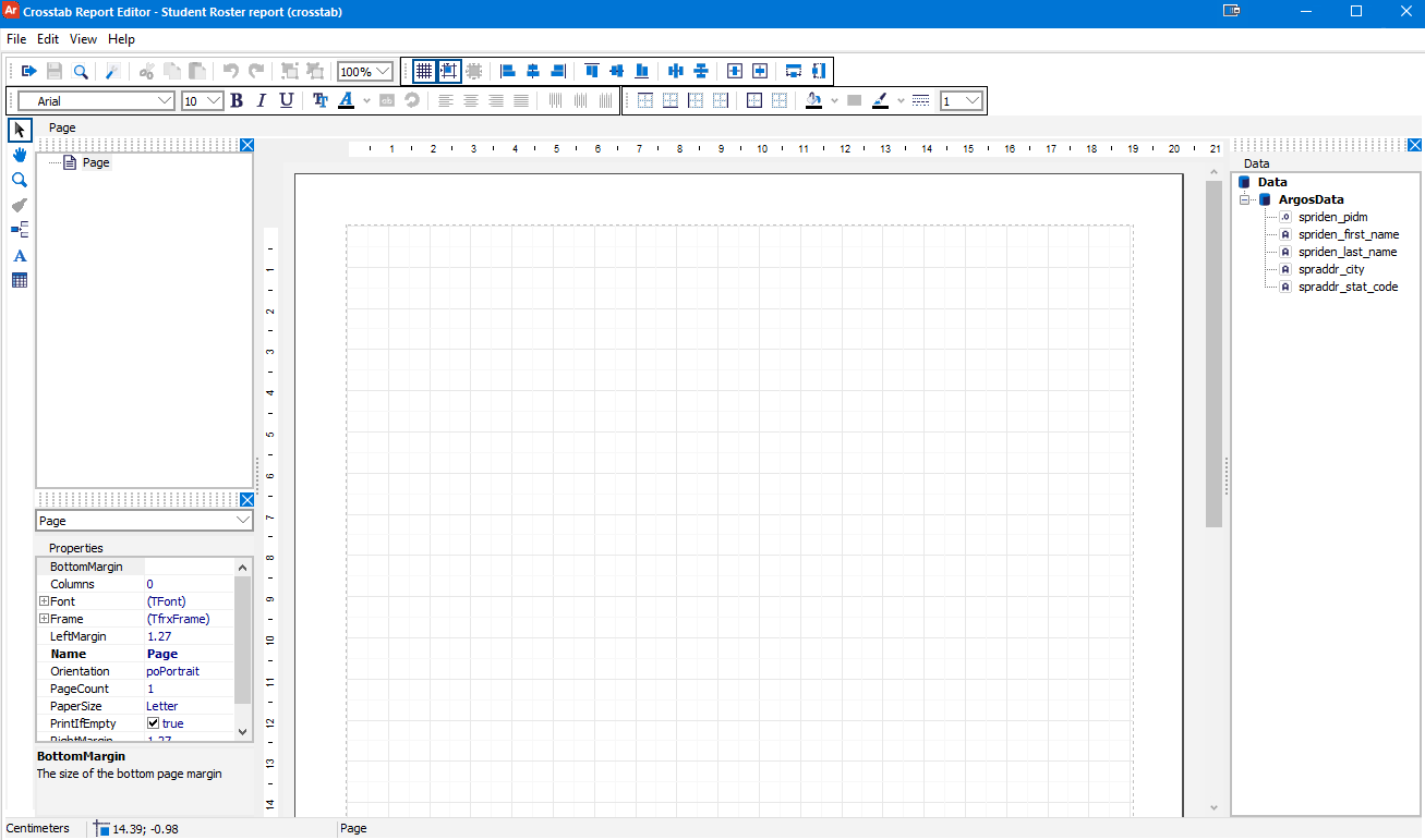 Crosstab Editor showing a blank page, surrounded by various toolbars and information panes